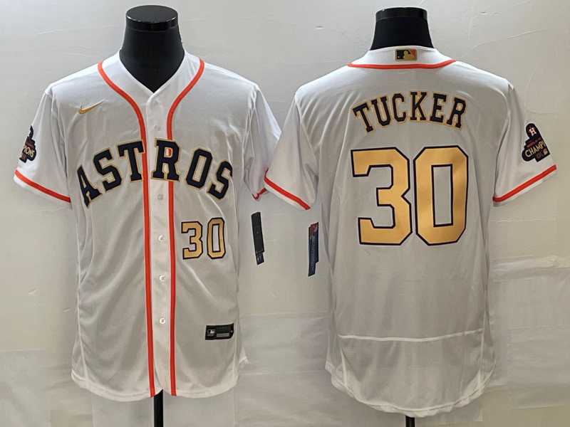 Mens Houston Astros #30 Kyle Tucker Number 2023 White Gold World Serise Champions Patch Flex Base Stitched Jerseys